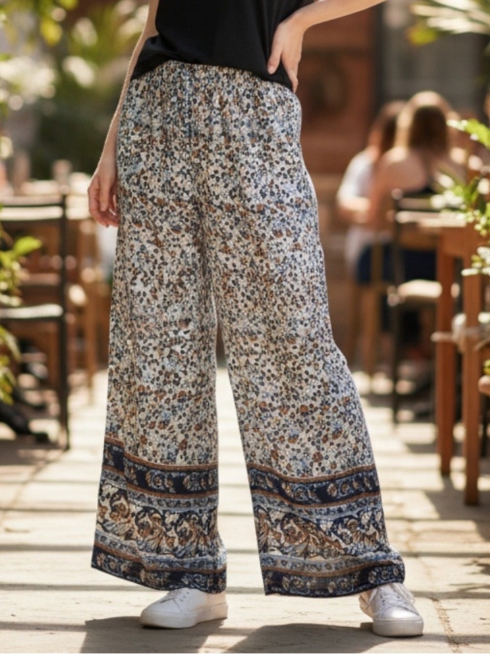 Indero Blue Brand Women's L/XL Blue Floral Wide Leg Pull On Pants Boho Beach